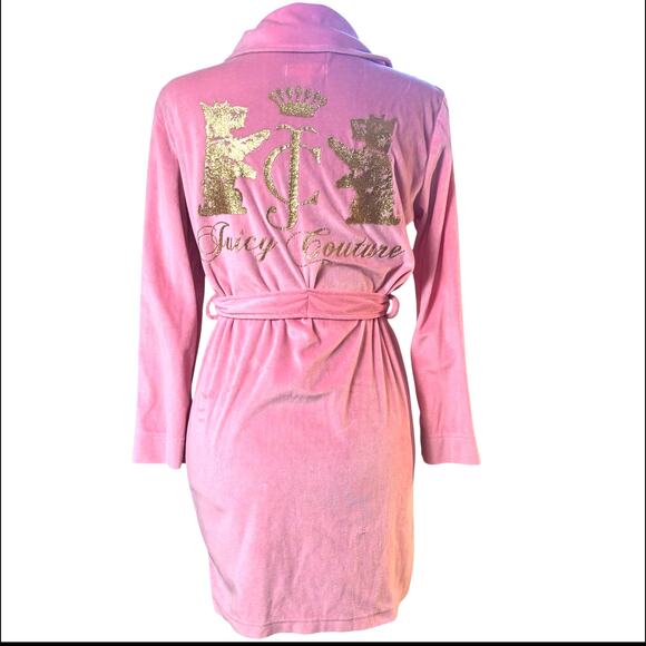 Juicy Couture Pink Velour Robe Girls 10/12 Gold Glitter Logo Lounge Wrap Y2K - Picture 1 of 8